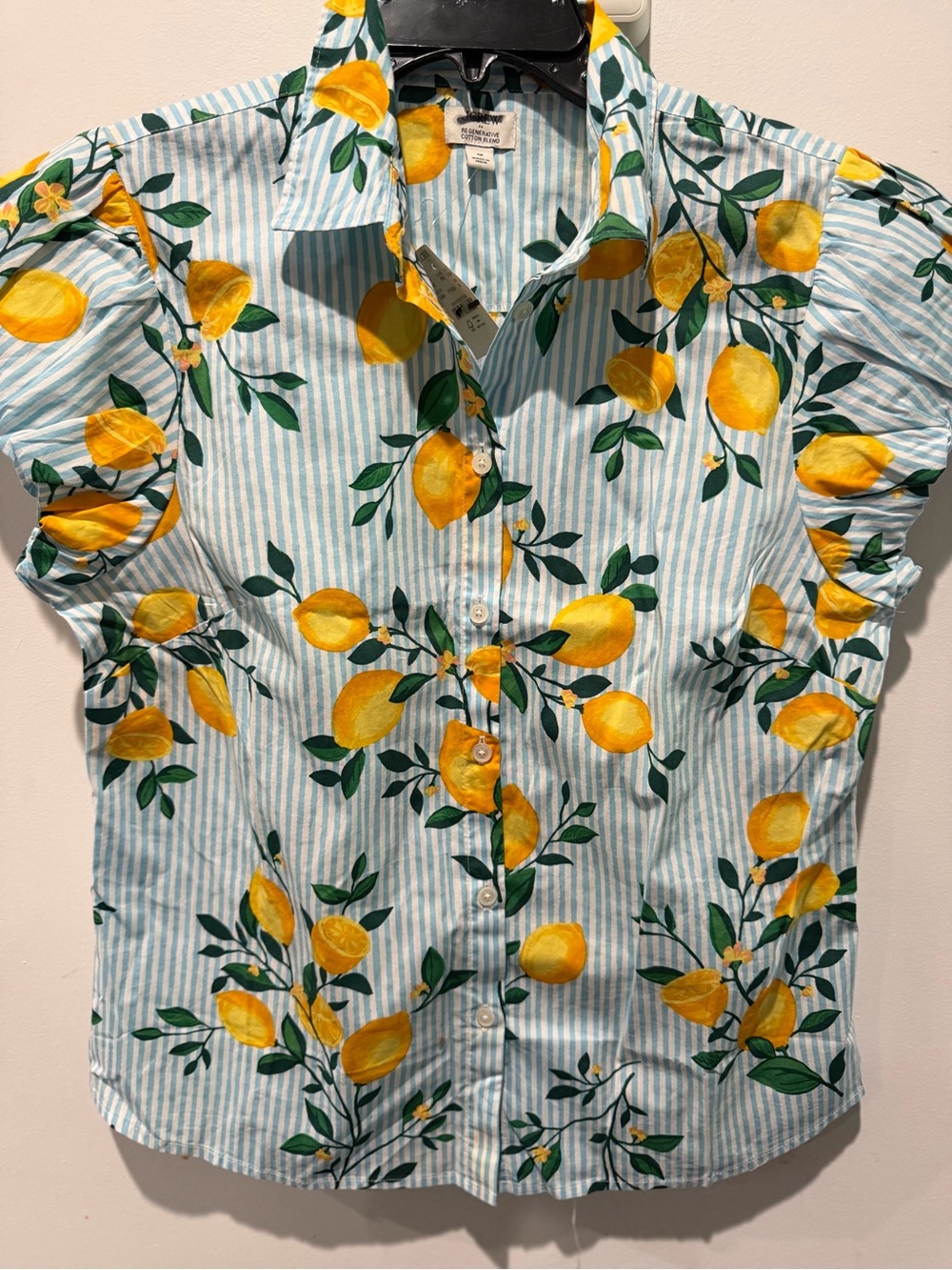 J.Crew Puff Sleeve Cotton Poplin Blouse Blue Stripe Lemon Print Top M NEW - Picture 2 of 5